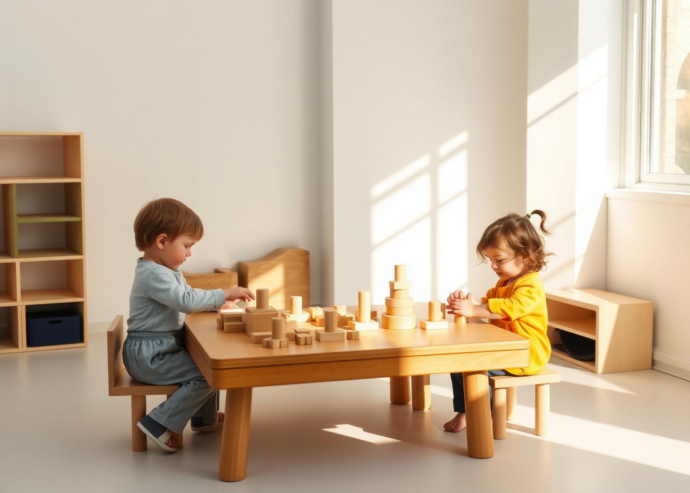 Young children exploring wooden learning materials in a bright preschool classroom